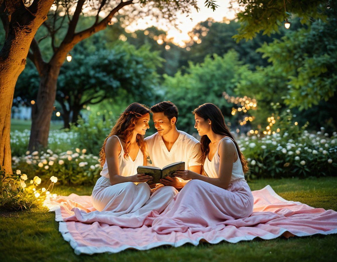 A serene sunset view of a couple sitting on a cozy blanket in a lush, green park, surrounded by blooming flowers and soft, glowing fairy lights. They are sharing a heartfelt moment, looking into each other's eyes, with a gentle breeze rustling the leaves. The atmosphere radiates warmth and intimacy, symbolizing lasting togetherness. vibrant colors. super-realistic. soft focus.