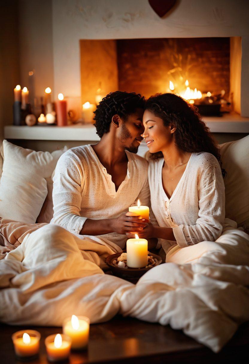 A warm and inviting scene depicting a romantic couple sharing a deep conversation over candlelight, surrounded by a cozy home atmosphere filled with soft pillows and rich textures. The background subtly includes symbols of intimacy, such as intertwined hands and hearts gently glowing. The colors should be warm and inviting, conveying love and connection. soft focus. vibrant colors. cozy ambiance.