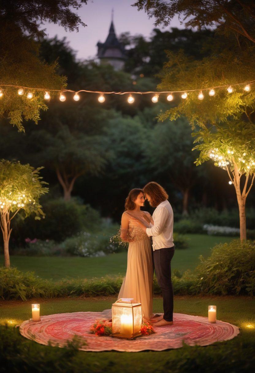 A romantic setting showcasing a couple engaging in a meaningful gesture, such as exchanging heartfelt notes in a candlelit park, surrounded by lush greenery and soft twinkling fairy lights. Include elements of love like blooming flowers and a gentle sunset in the background to evoke warmth and intimacy. The couple should appear joyful and connected, highlighting the theme of commitment through shared experiences. soft focus, vibrant colors, dreamy atmosphere.